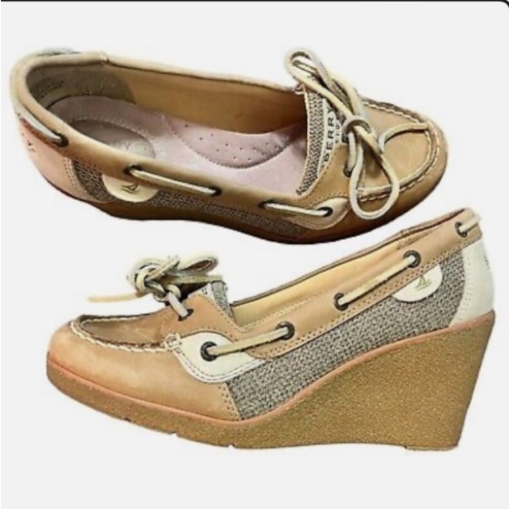 SPERRY Top Sider Goldfish Tan Leather Upper Wedge Boat Shoes Women's Size 8.5